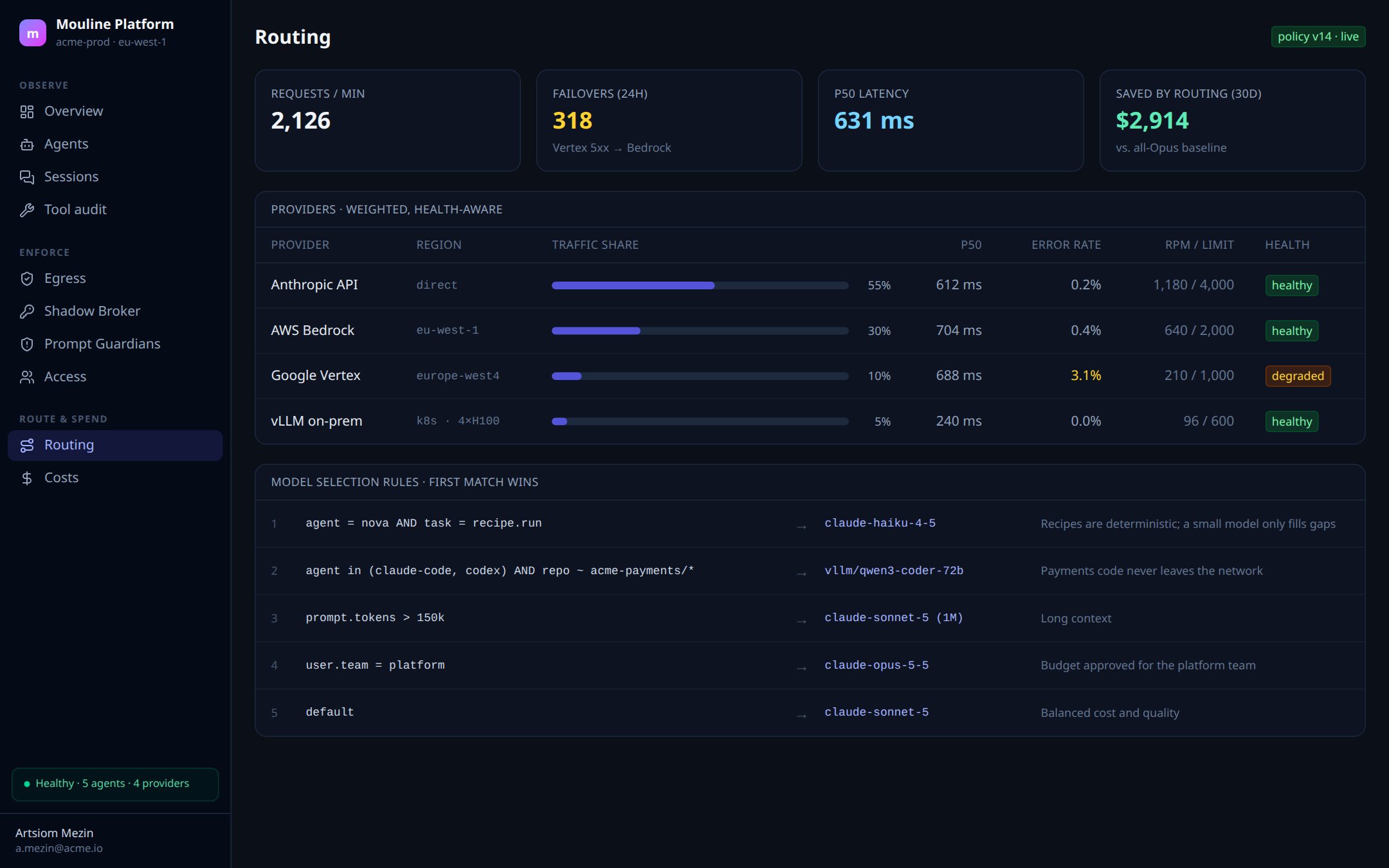Routing: traffic share, latency, error rate and health per provider across Anthropic, Bedrock, Vertex and an on-premise vLLM, above the model selection rules that decide which model each call goes to.